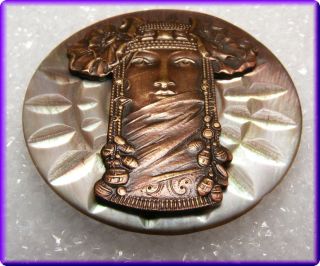 Carved Glowing Iridesent Mop Button W Ome Art Nouveau Brass Exotic Princess photo