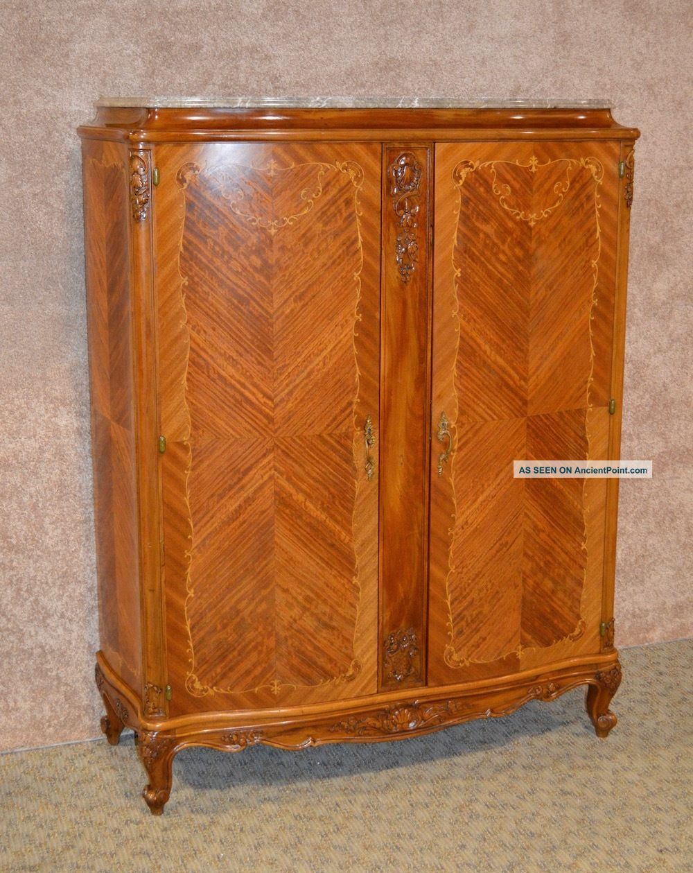 Muebles De Arte Carved & Inlaid Two Door Wardrobe W/fitted Interior & Marble Top 1900-1950 photo