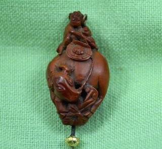 Antique Chinese Pierced & Carved Hediao Nut Gold Pin Monk & Child On Yak 4 Cm photo