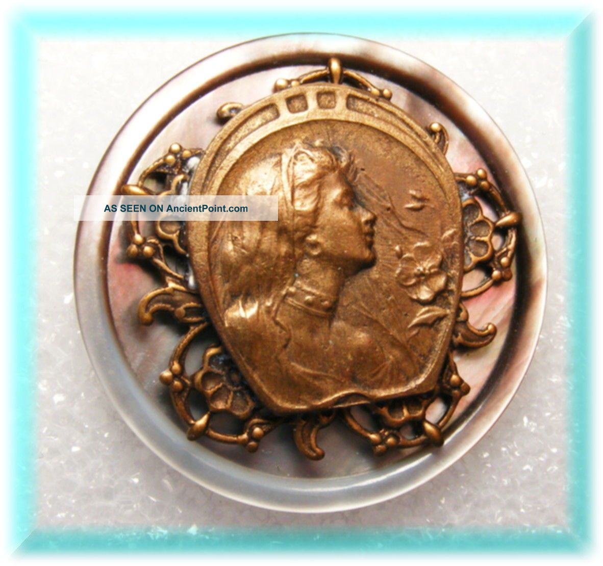 Art Nouveau Lucky Lady W Horseshoe On Smokey Pearl Button W Floral Border Buttons photo