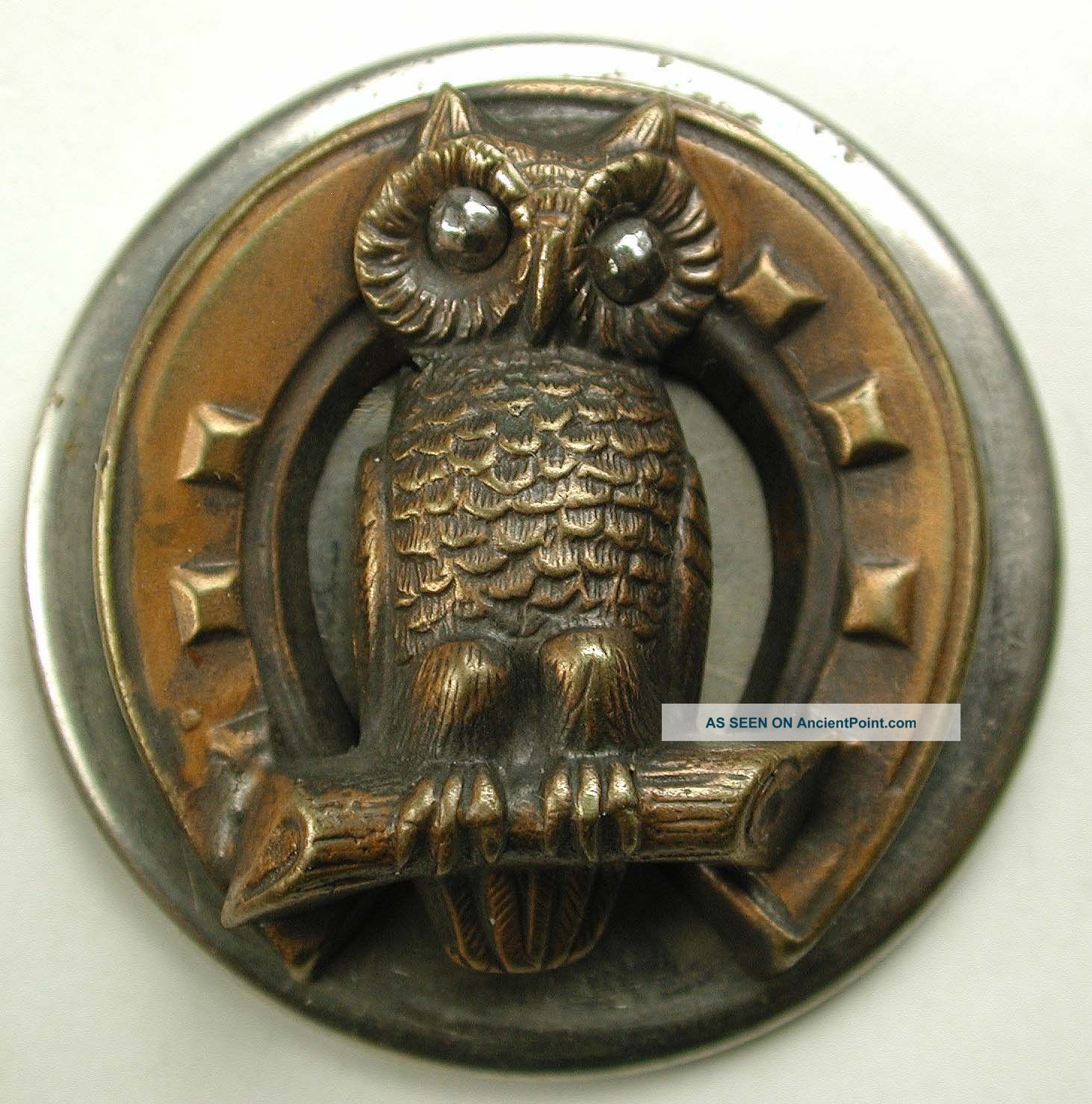 Antique Button Lg Sz Copper Owl On Horseshoe Wsteel Eyes Escutcheon 1 & 5/8 