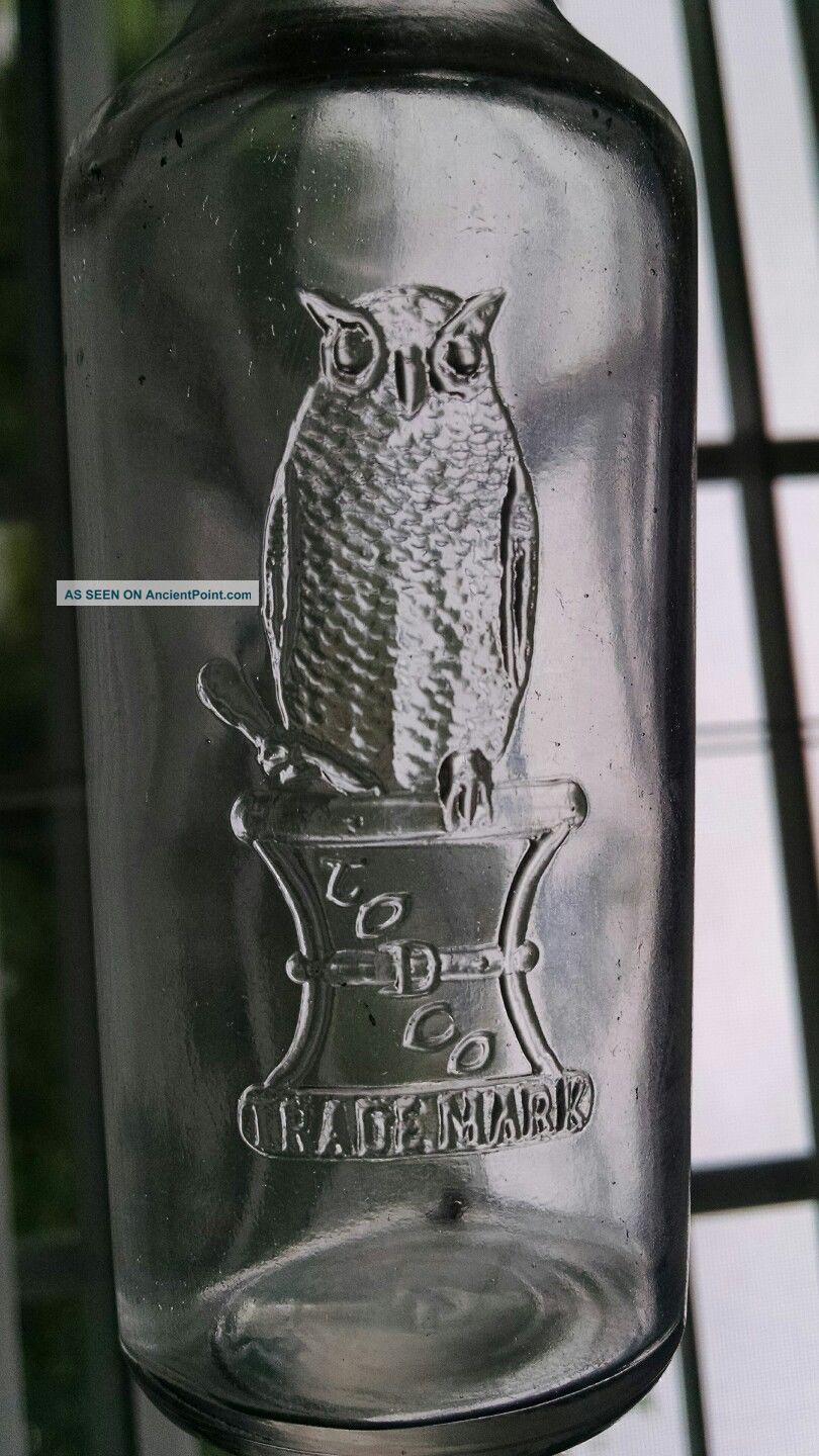 Antique Owl Drug Company Medicine Bottle Embossed Owl Mortar & Pestle Trade Mark Bottles & Jars photo