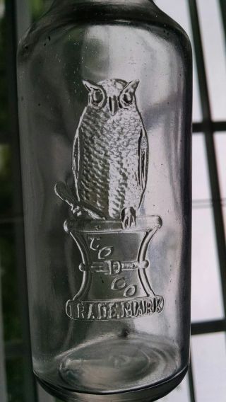 Antique Owl Drug Company Medicine Bottle Embossed Owl Mortar & Pestle Trade Mark photo