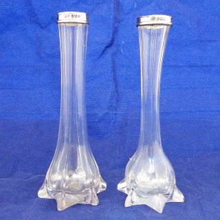 Antique Silver Topped Clear Glass Posy Or Bud Vases Hm London 1926 - 27 photo