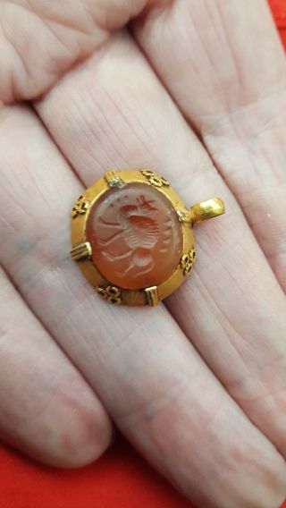 Roman Ancient Solid Gold Carnilion Intaglio Pendant Very Rare photo