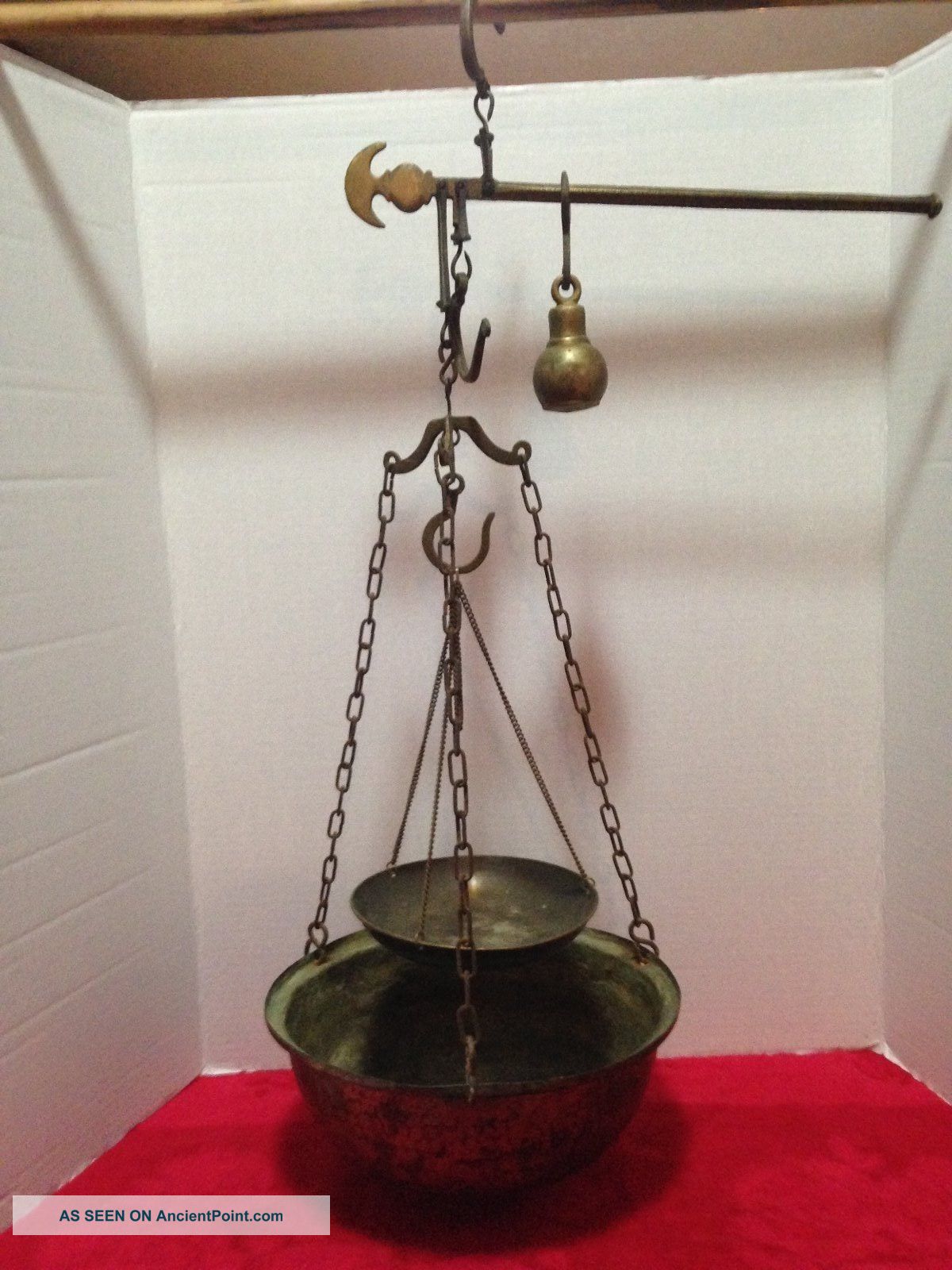 Antique Brass Hanging Steelyard Scale With Brass Bowl,  Hooks,  Beam & Weight Scales photo