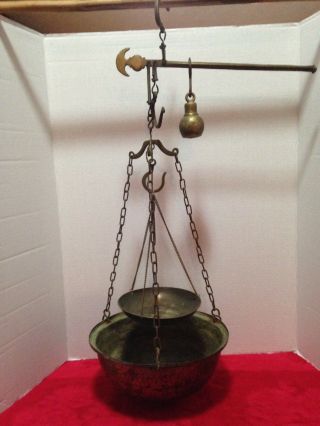 Antique Brass Hanging Steelyard Scale With Brass Bowl,  Hooks,  Beam & Weight photo