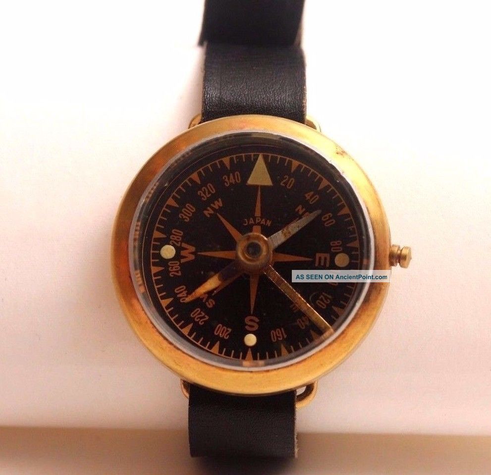 Vintage Military Wrist Compass,  Copper,  Japan,  Leather Band, Compasses photo