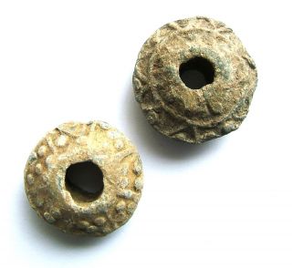 Decorated 15th Century Medieval Lead Spindle Whorls photo