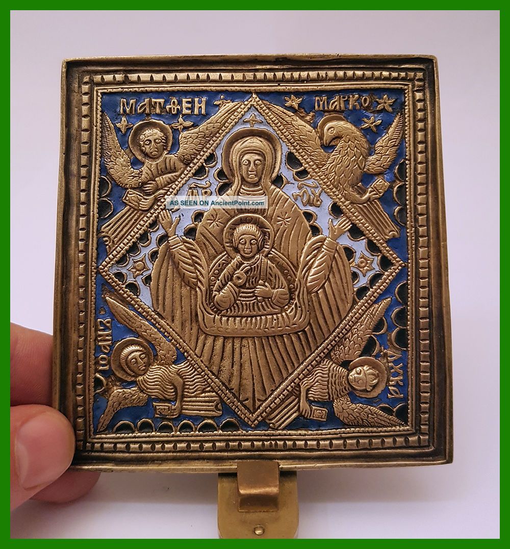 Russian Orthodox Bronze Icon The Virgin Of Sign With 4 Evangelists.  Enameled Roman photo