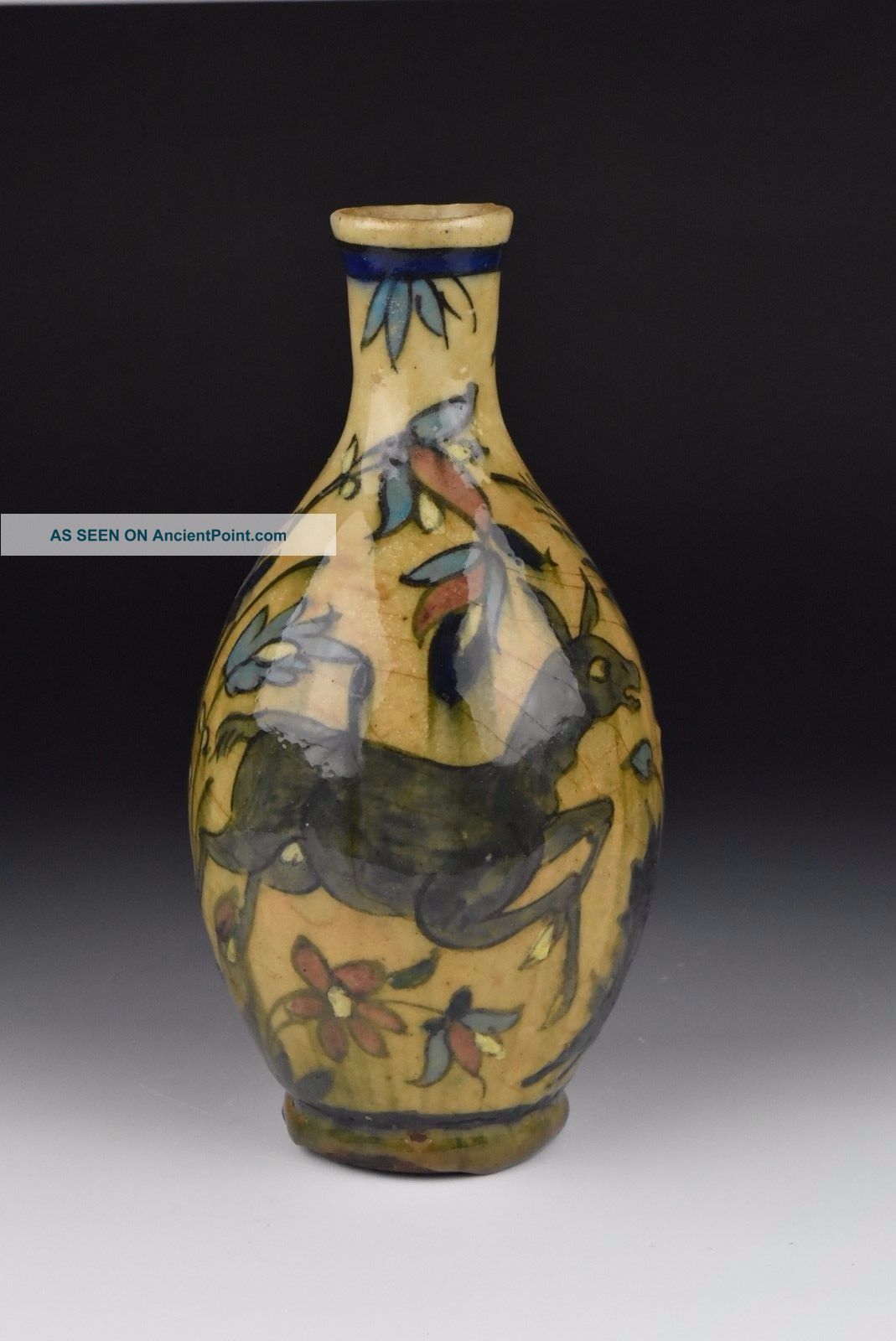 Antique 19th Century Persian Islamic Pottery Vase With Animals & Flowers Middle East photo