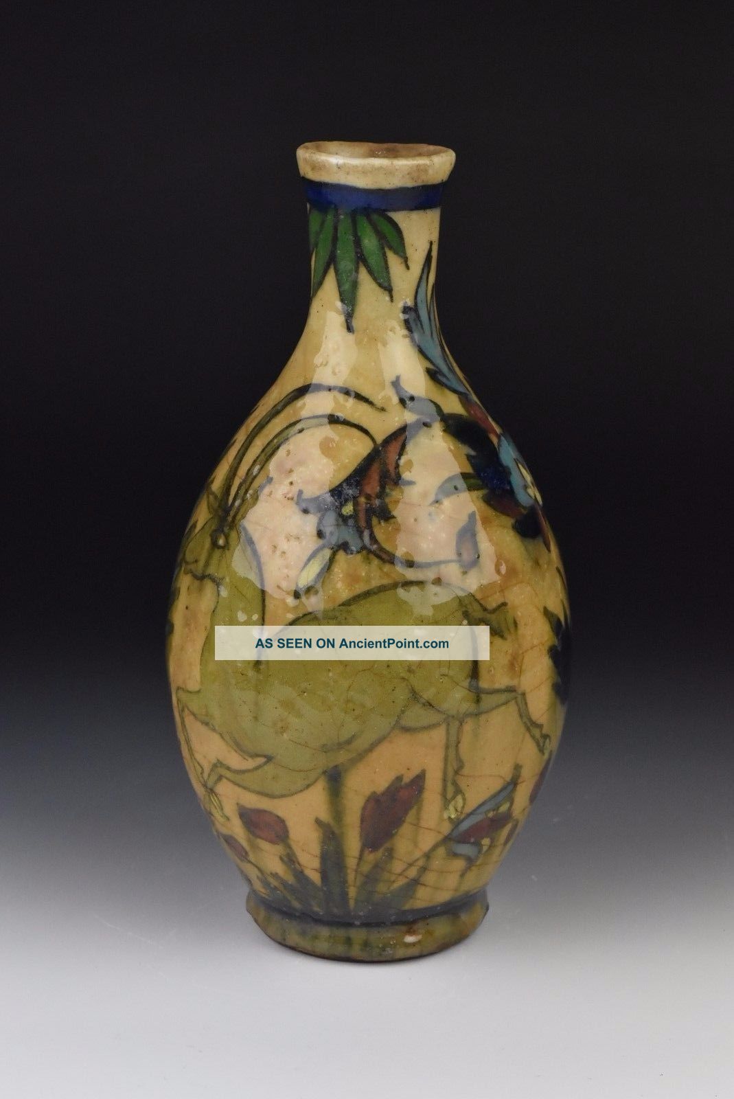 Antique 19th Century Persian Islamic Pottery Vase With Animals & Flowers