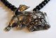 Antique Chinese 6mm Onyx Bead Silver Dragon & Charms Necklace 25” 56g Necklaces & Pendants photo 1