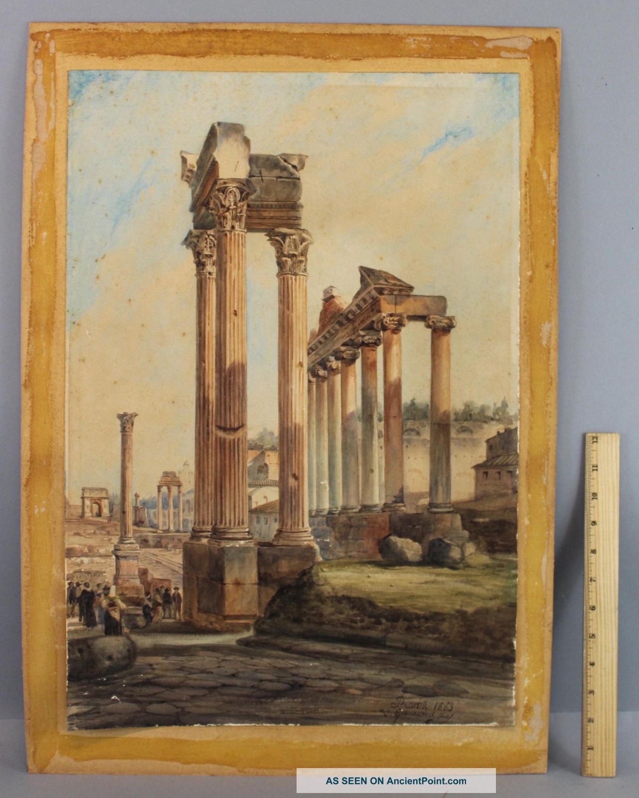 Antique 1883 Vincenzo Giovannini Roman Columns Ruins Italian Watercolor Painting Roman photo