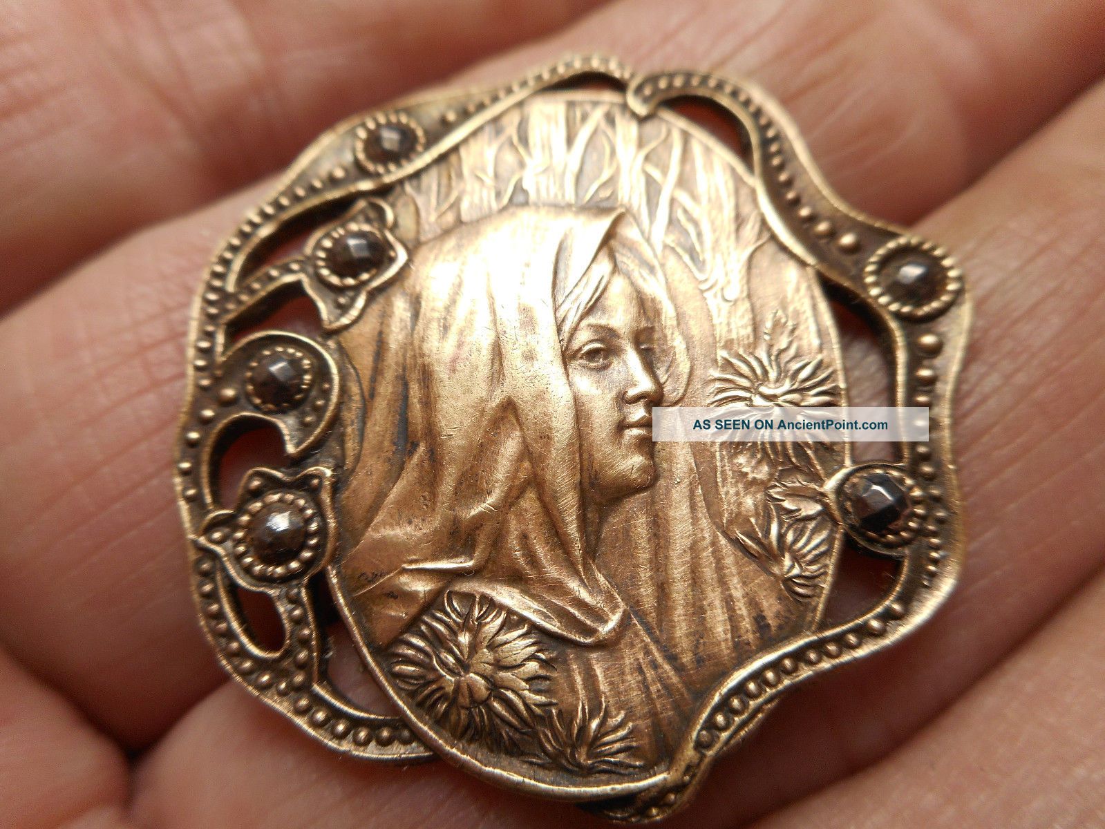 Art Nouveau Mucha Woman W/ Cut Steels In Pierced Brass Antique Button 1 - 1/4 