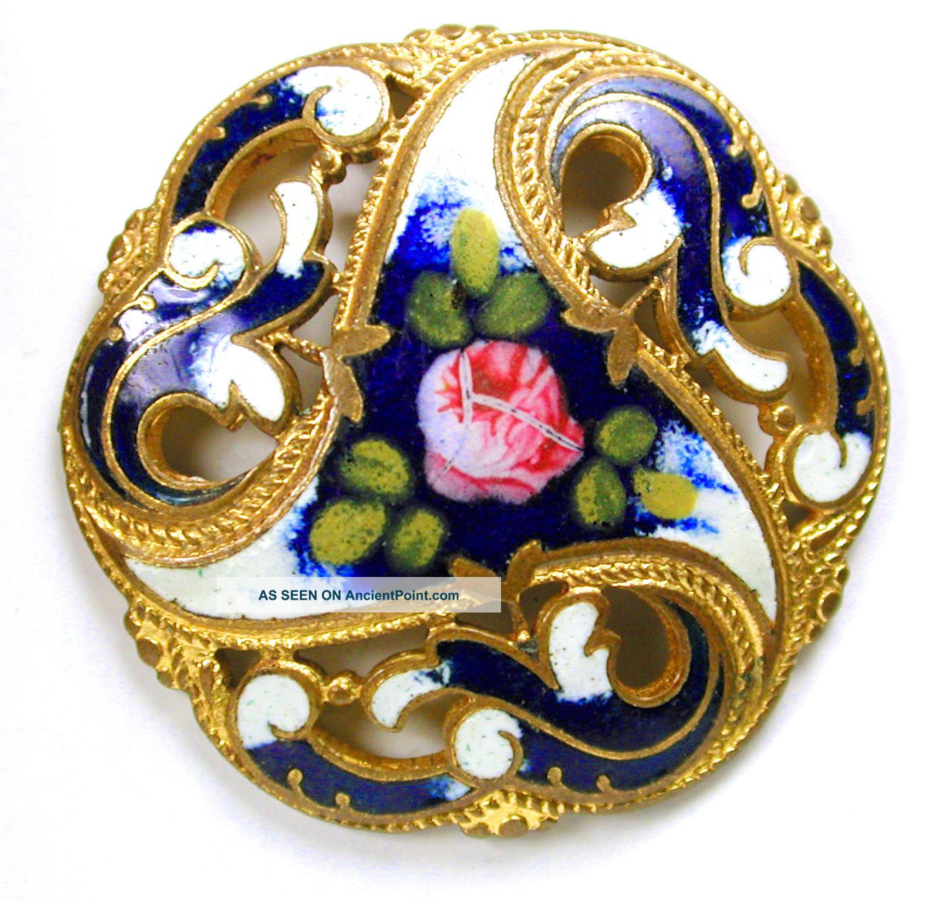 Antique French Enamel Button Pierced Cobalt W/ Hand Painted Rose - 1 & 3/16 