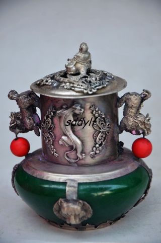 Collectible Chinese Old Jade Inlaid Tibetan Silver&buddha Lid Incense Burner photo