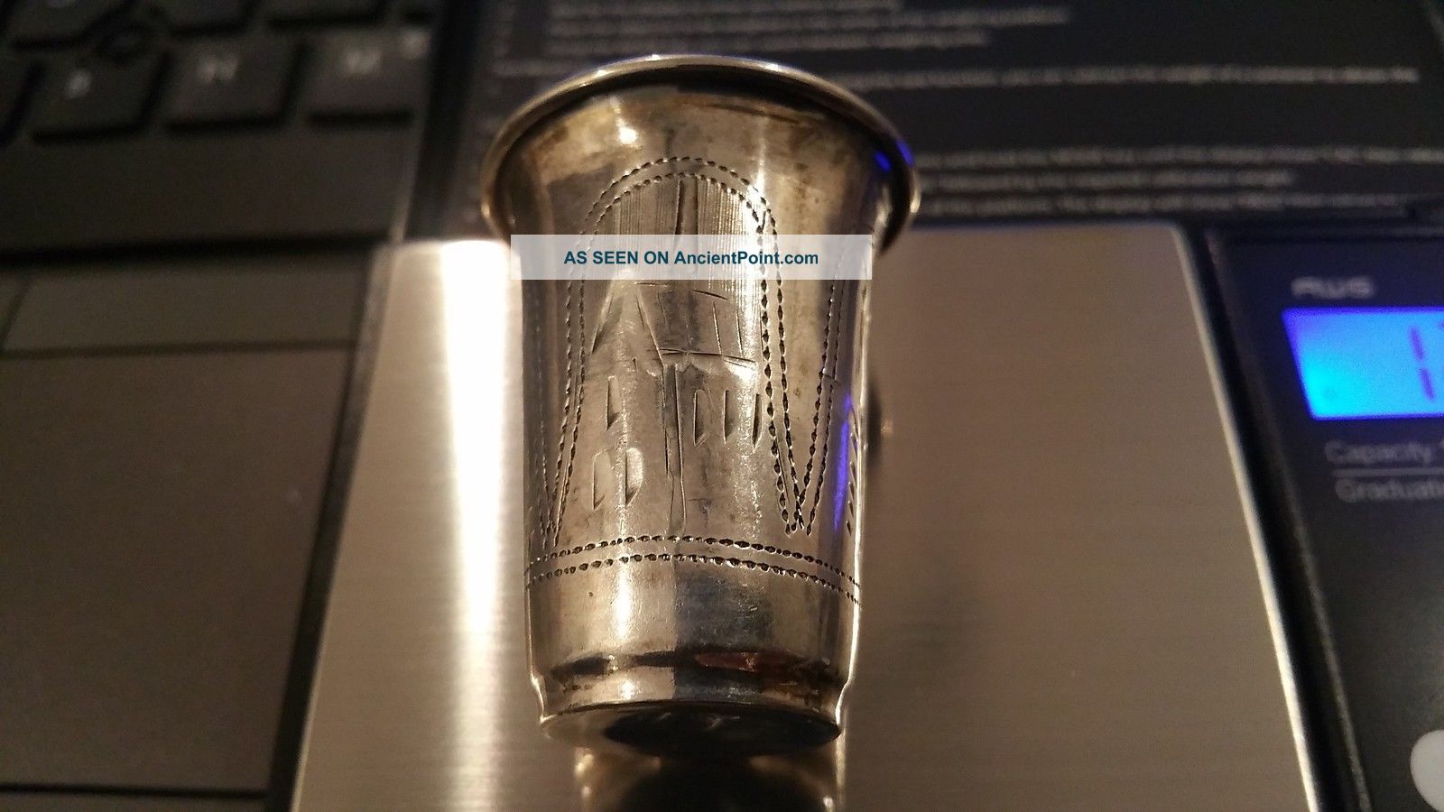 Antique Russian Sterling Silver 84 Vodka Shot Glass Engraved Cup Kokoshnik Mark Russia photo