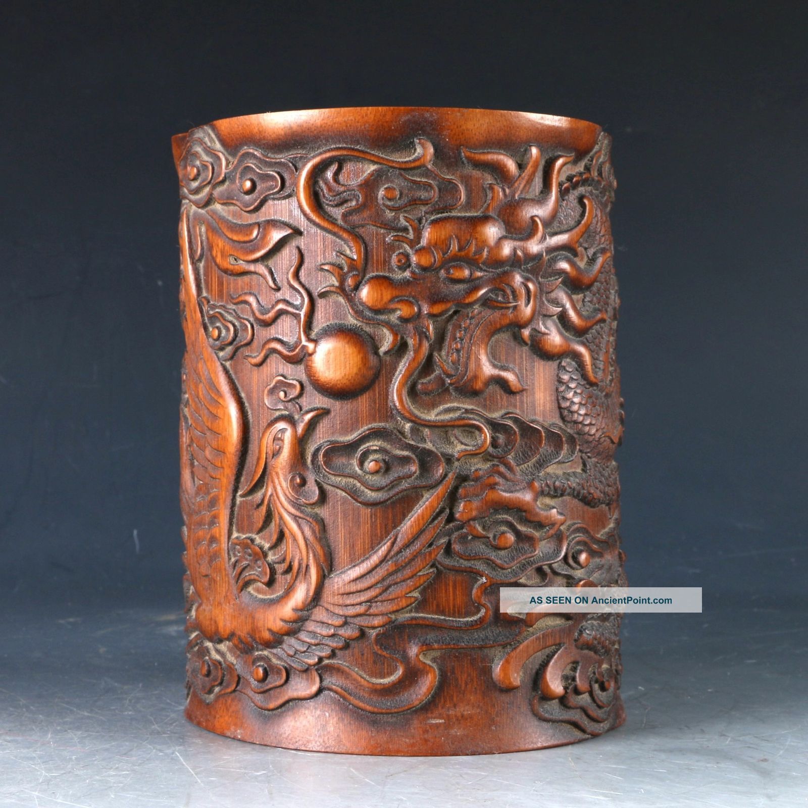 Chinese Bamboo Pole Hand Carved Dragon & Phoenix Brush Pot Dy0496 Brush Pots photo