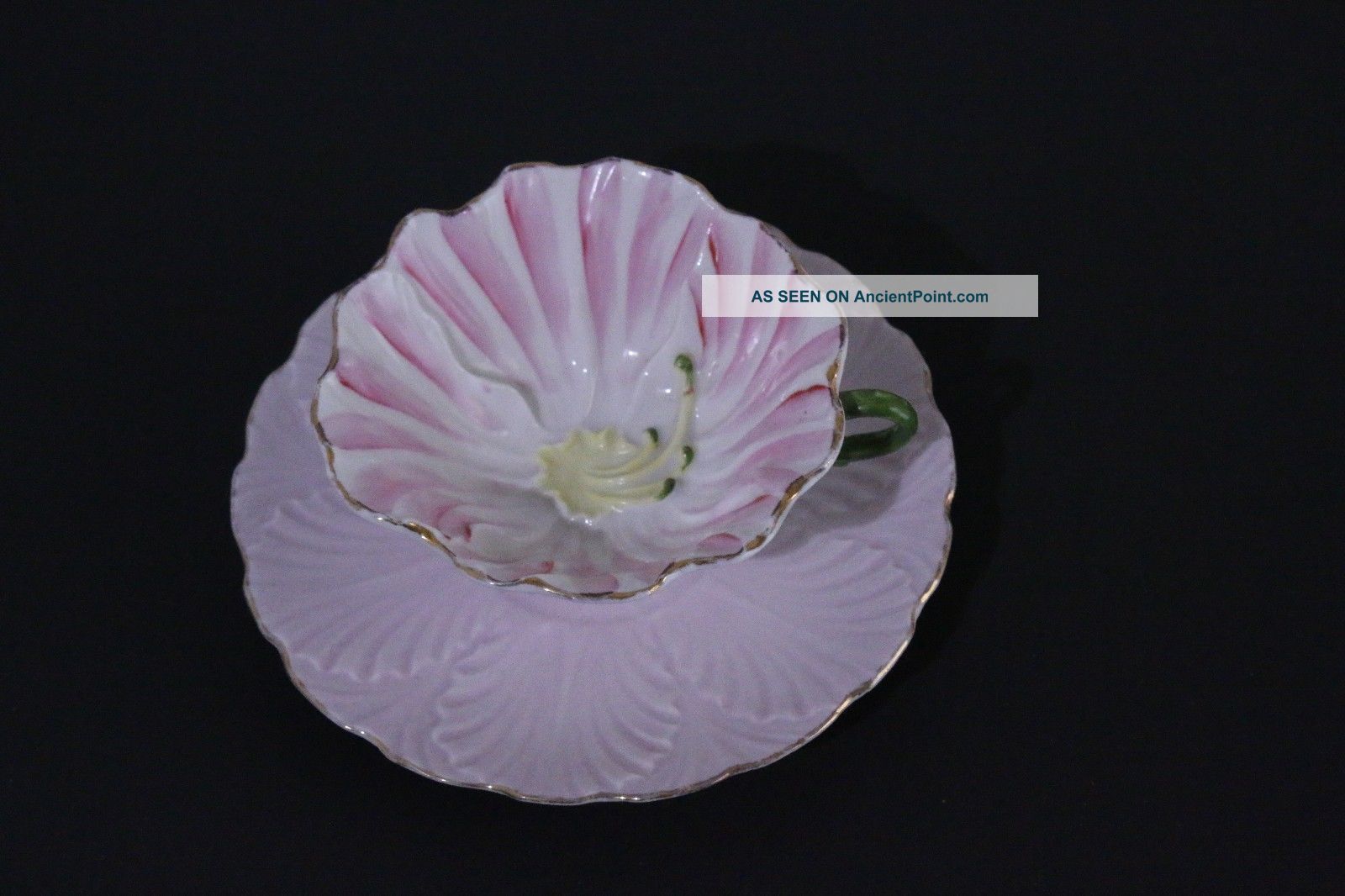 Vintage Tea Cup And Saucer Demitasse Flower Shape Pink Porcelain Handpainted Cups & Saucers photo