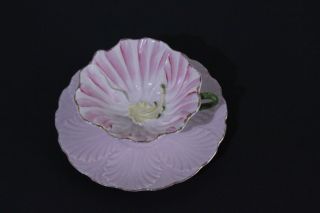 Vintage Tea Cup And Saucer Demitasse Flower Shape Pink Porcelain Handpainted photo