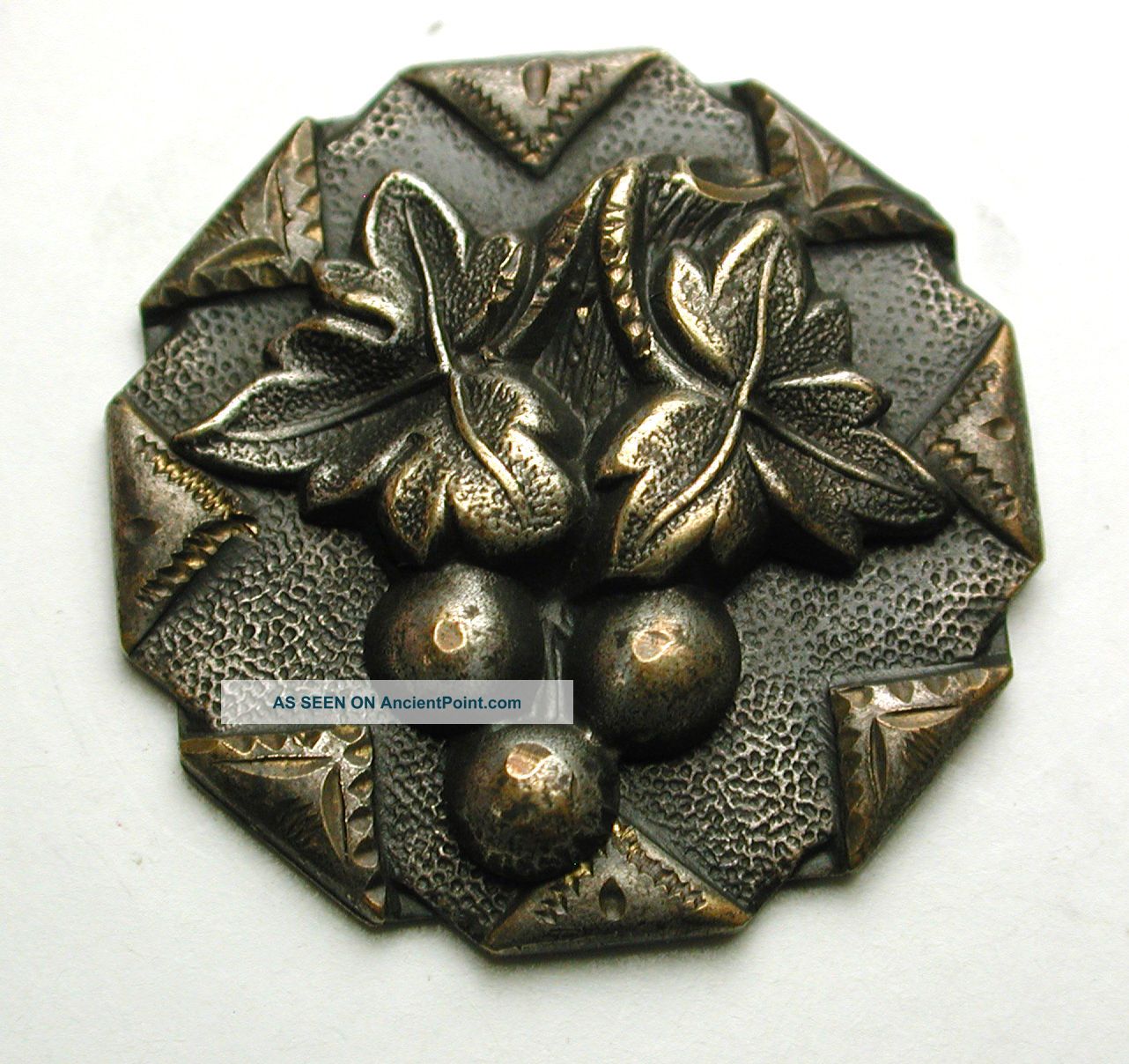 Antique Brass Button Grapes & Leaves W/ Handkerchief Border - 7/8 
