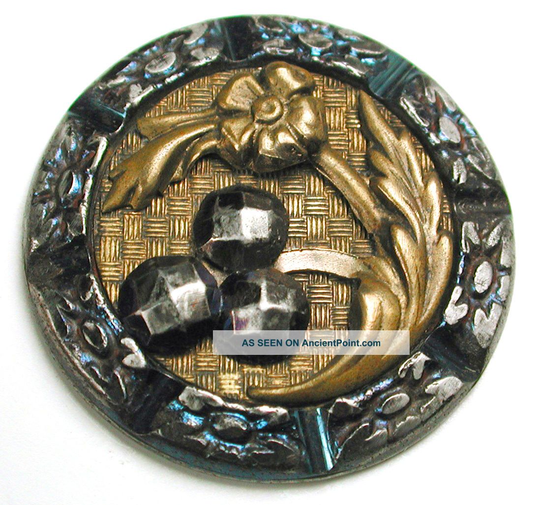 Antique Stamped Steel Button Detailed Brass Flower W/ Cut Steel Accents 1 & 1/8 