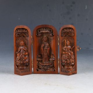 Chinese Boxwood Highly Difficuty Carved Kwan Yin Floding Box Ep0184 photo