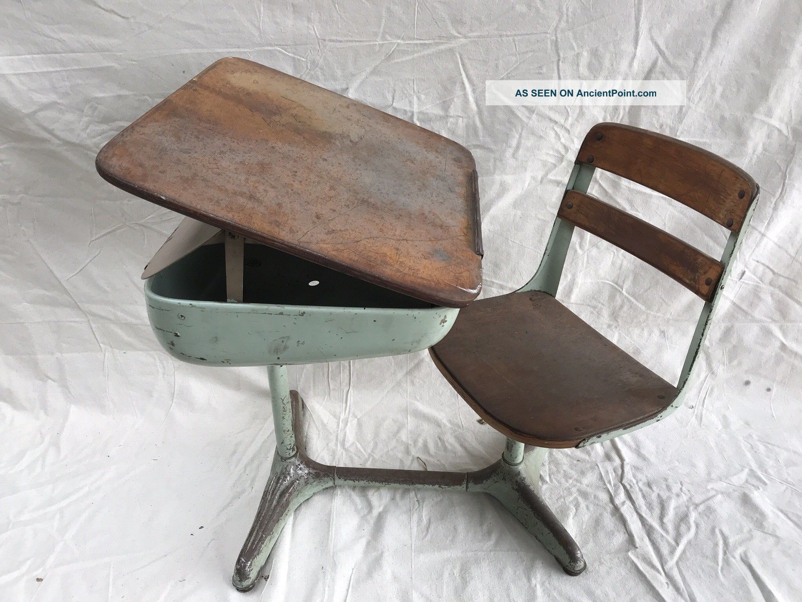 Vintage 1930 School Desk And Swivel Seat,  Wood And Metal. 1900-1950 photo