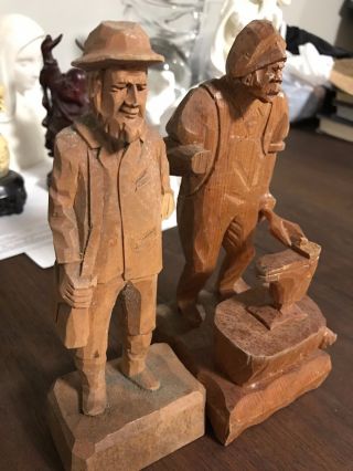 Antique Pair German Hand Carved Wood Old Man Gentleman Figurine German Statue photo