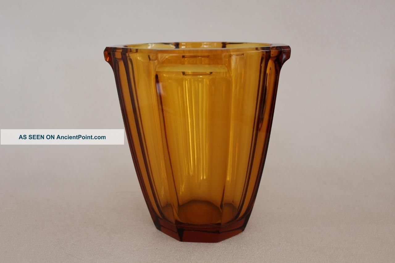 Vintage Amber Celery Glass Vase Eight - Sided Vase 20th Century photo