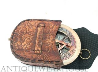 Nautical Astrolabe Antique Brass Compass With Leather Case Vintage Decor photo