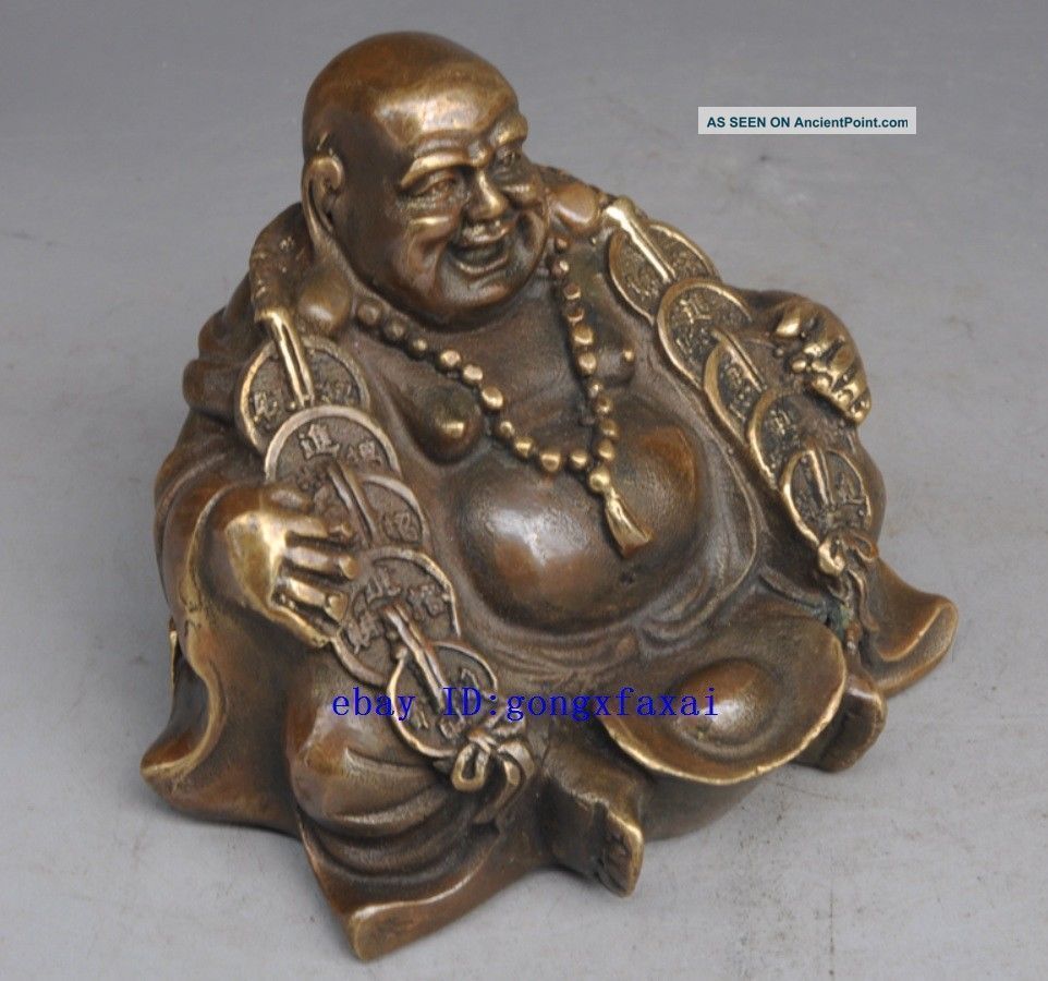 China Buddhism Temple Brass Wealth Yuanbao Money Lucky Maitreya Buddha Statue Figurines & Statues photo