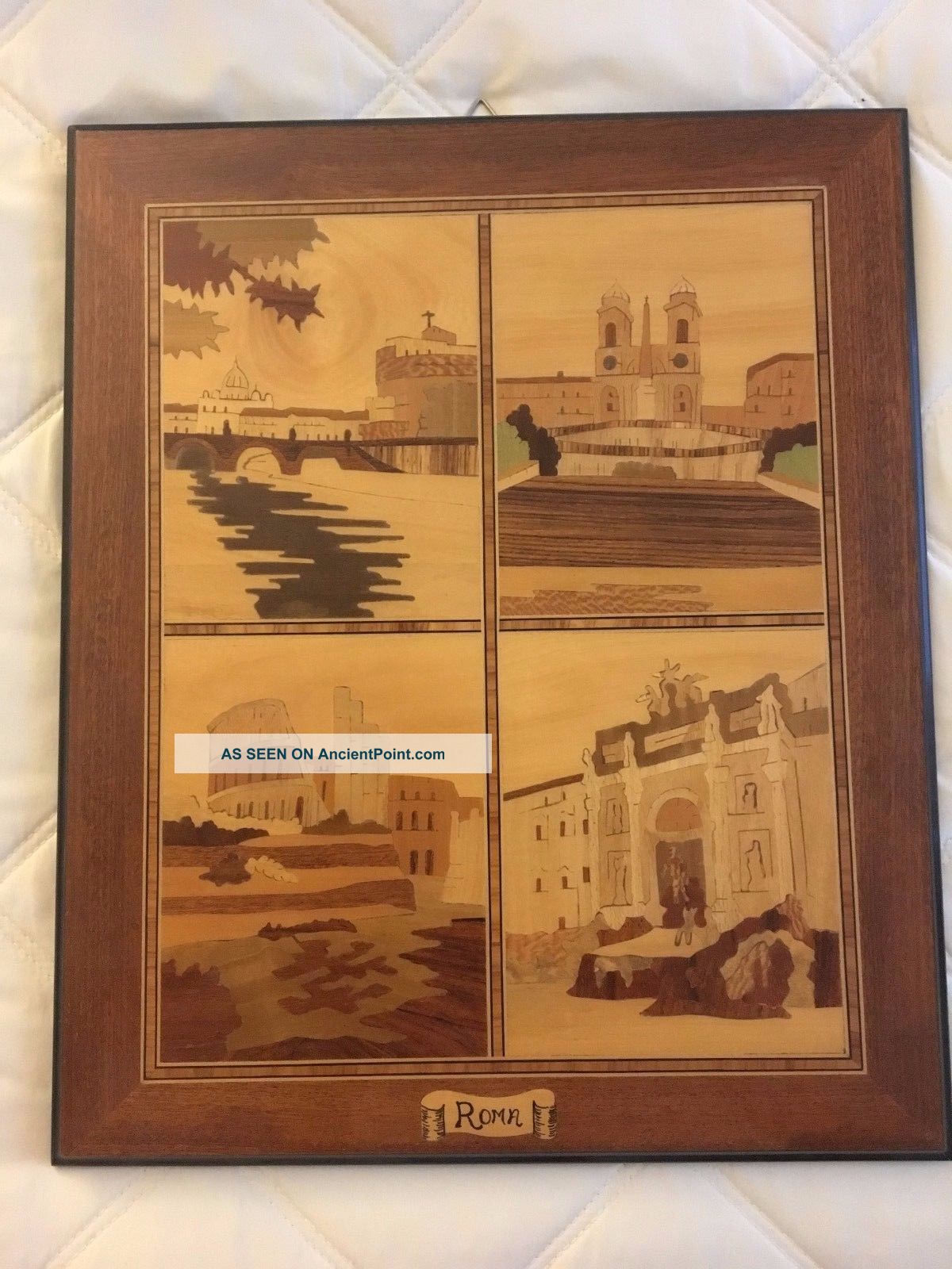 Vintage Rome Italy Marquetry Inlaid Wood Scenic Picture Wall Art 14” X 11.  5 